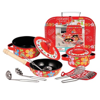 Jucarie set de oale si unelte de bucatarie din metal in valiza, cu floricele, Champion, 11 piese Jucarie set de oale si unelte de bucatarie din metal in valiza, cu floricele, Champion, 11 piese