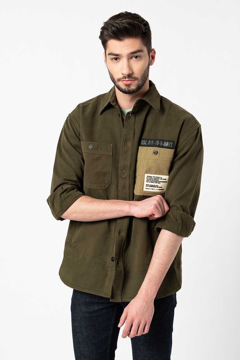 Diesel, Camasa relaxed fit cu buzunare pe piept Lebed, Verde militar