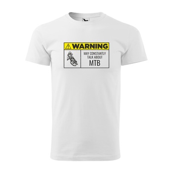 Tricou alb barbati, idee de cadou, pentru biciclisti MTB, Warning May Constantly Talk About MTB, marime XL