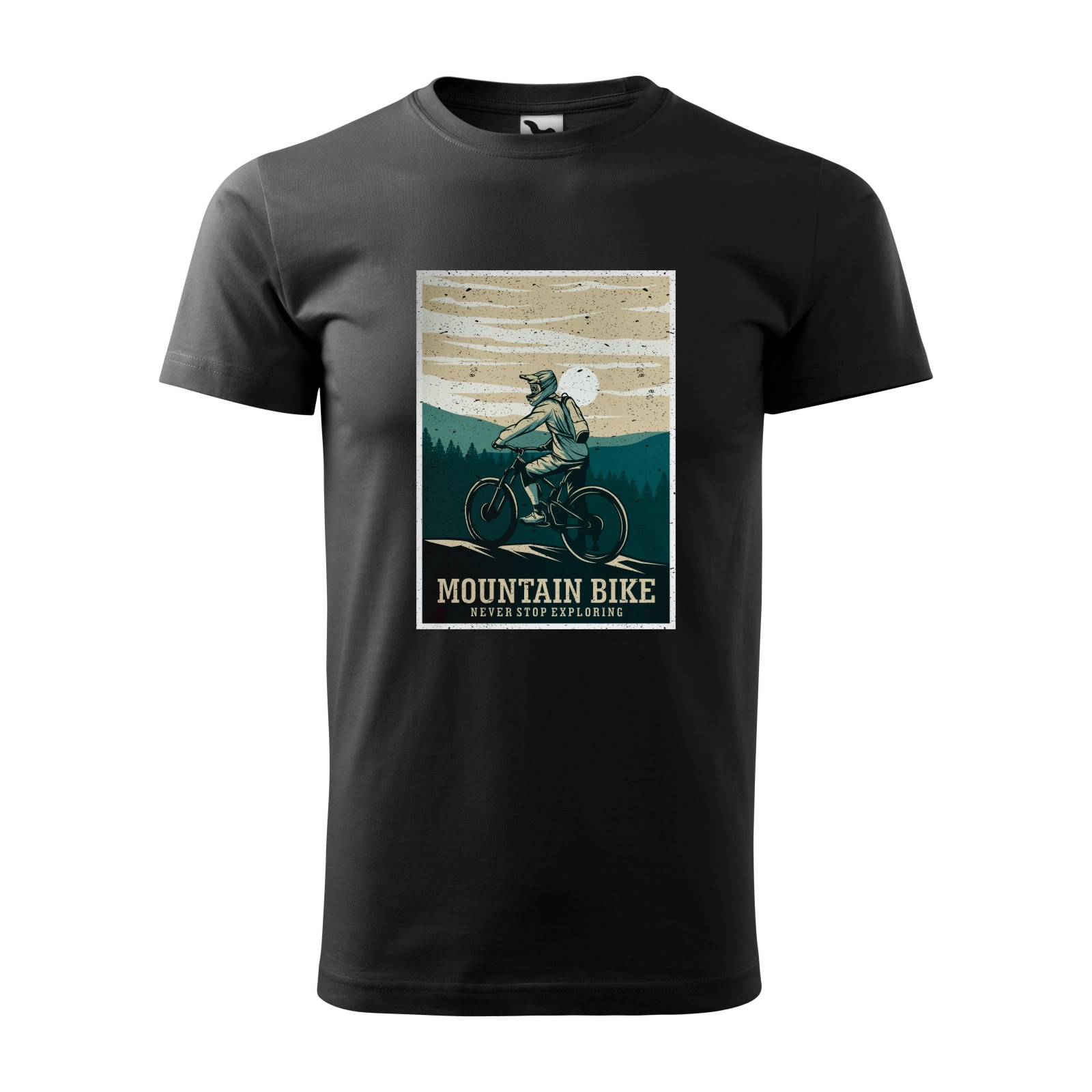 Tricou negru barbati, idee de cadou, pentru biciclisti MTB, Mountain Bike Never Stop Exploring, marime L