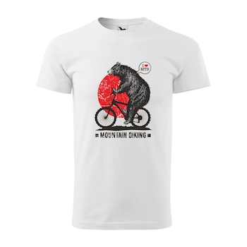 Tricou alb barbati, idee de cadou, pentru biciclisti MTB, Bear on Mountain Bike, marime S