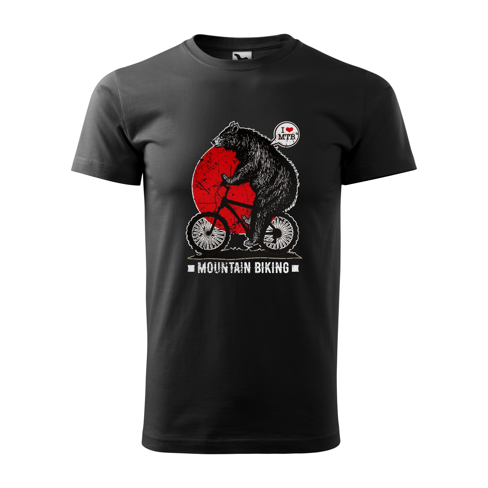Tricou negru barbati, idee de cadou, pentru biciclisti MTB, Bear on Mountain Bike, marime XS