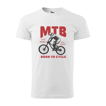 Tricou alb barbati, idee de cadou, pentru biciclisti MTB, Mountain Bike MTB Born to Cycle, marime XS