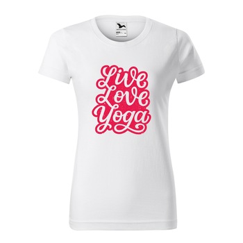 Tricou clasic, la baza gatului, alb, pentru dama, idee de cadou pentru practicantii de yoga, Live Love Yoga, marime XL