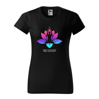 Tricou clasic, la baza gatului, negru, pentru dama, idee de cadou pentru practicantii de yoga, Quiet Your Mind Free Your Body, marime L