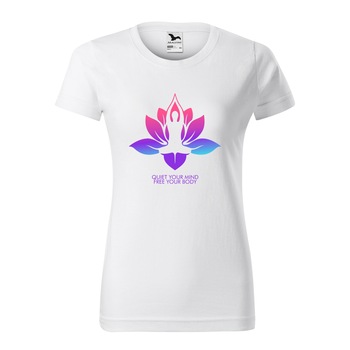 Tricou clasic, la baza gatului, alb, pentru dama, idee de cadou pentru practicantii de yoga, Quiet Your Mind Free Your Body, marime M Tricou clasic, la baza gatului, alb, pentru dama, idee de cadou pentru practicantii de yoga, Quiet Your Mind Free Your Body, marime M