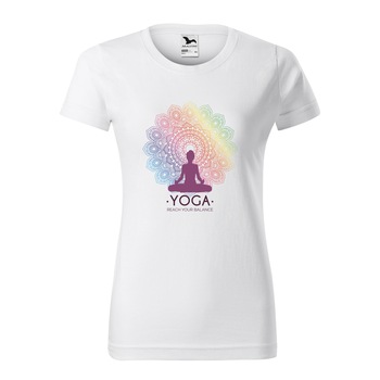 Tricou clasic, la baza gatului, alb, pentru dama, idee de cadou pentru practicantii de yoga, Reach Your Balance, marime M