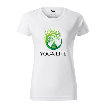 Tricou clasic, la baza gatului, alb, pentru dama, idee de cadou pentru practicantii de yoga, Tree Yoga Life, marime M