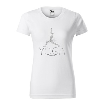 Tricou clasic, la baza gatului, alb, pentru dama, idee de cadou pentru practicantii de yoga, Yoga is my Love, marime L