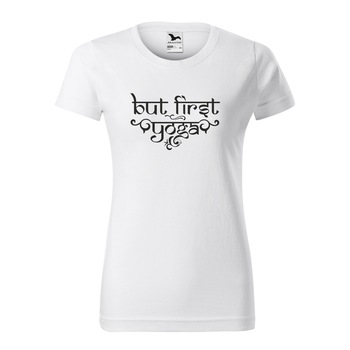 Tricou clasic, la baza gatului, alb, pentru dama, idee de cadou pentru practicantii de yoga, But First Yoga, marime M