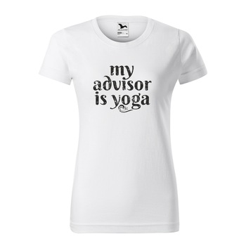 Tricou clasic, la baza gatului, alb, pentru dama, idee de cadou pentru practicantii de yoga, My Advisor is Yoga, marime S