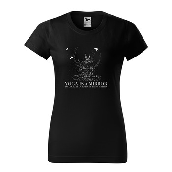 Tricou clasic, la baza gatului, negru, pentru dama, idee de cadou pentru practicantii de yoga, Yoga is a Mirror, marime XL Tricou clasic, la baza gatului, negru, pentru dama, idee de cadou pentru practicantii de yoga, Yoga is a Mirror, marime XL