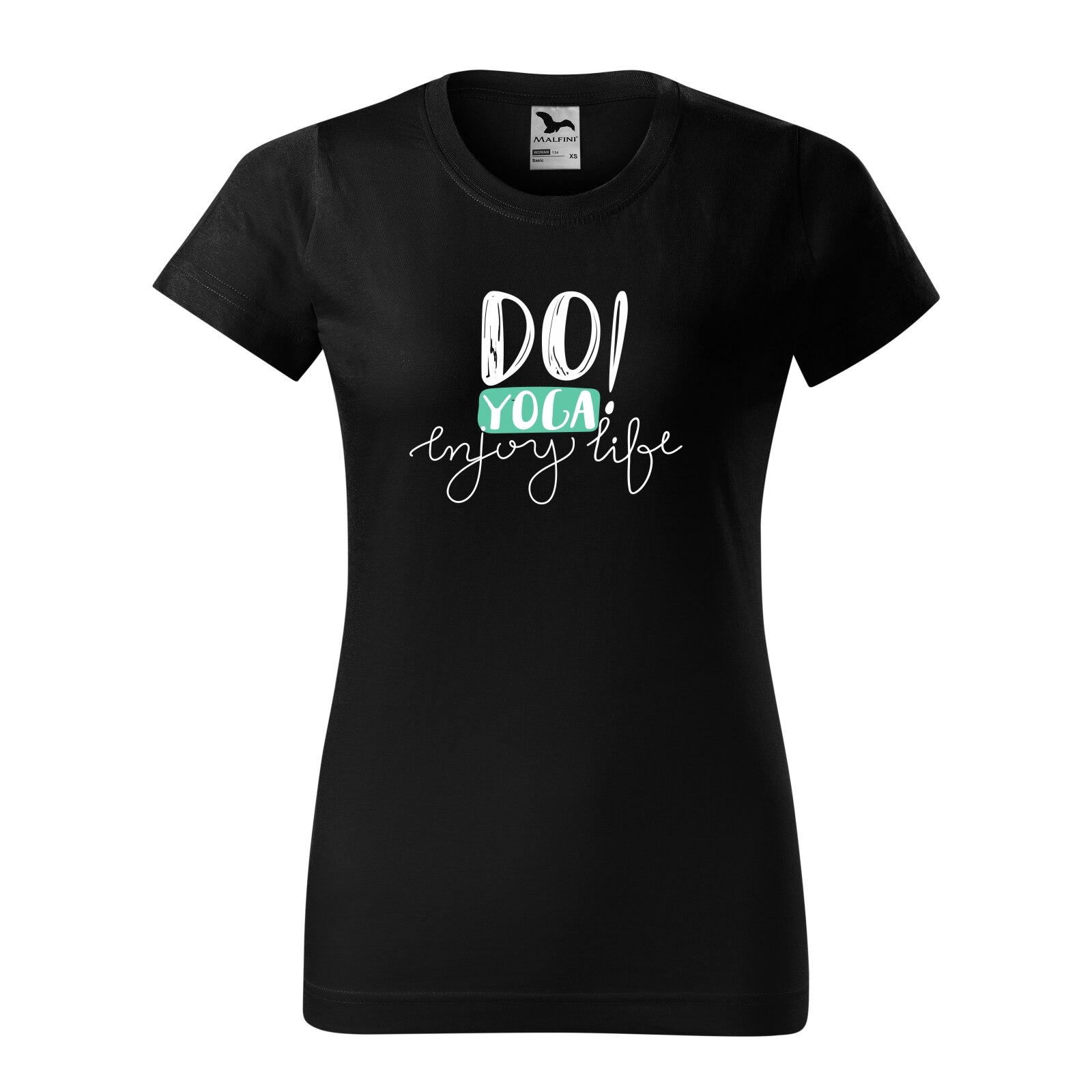 Tricou clasic, la baza gatului, negru, pentru dama, idee de cadou pentru practicantii de yoga, Do Yoga Enjoy Life, marime M