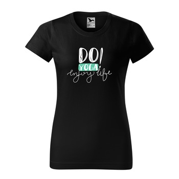 Tricou clasic, la baza gatului, negru, pentru dama, idee de cadou pentru practicantii de yoga, Do Yoga Enjoy Life, marime XL