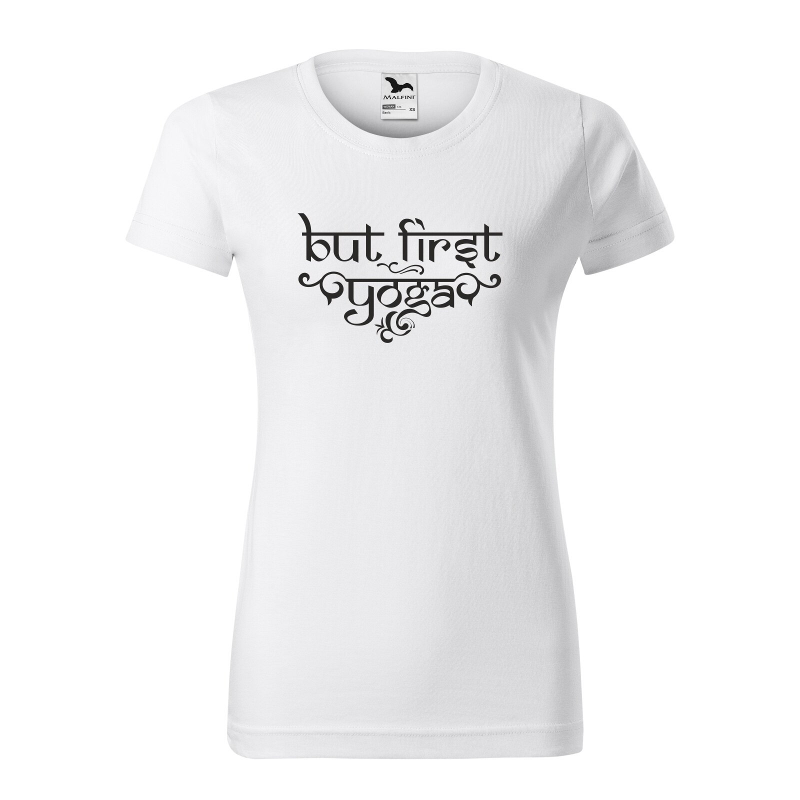 Tricou clasic, la baza gatului, alb, pentru dama, idee de cadou pentru practicantii de yoga, But First Yoga, marime XS