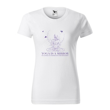 Tricou clasic, la baza gatului, alb, pentru dama, idee de cadou pentru practicantii de yoga, Yoga is a Mirror, marime M Tricou clasic, la baza gatului, alb, pentru dama, idee de cadou pentru practicantii de yoga, Yoga is a Mirror, marime M