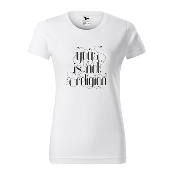 Tricou clasic, la baza gatului, alb, pentru dama, idee de cadou pentru practicantii de yoga, Yoga is Not a Religion, marime M Tricou clasic, la baza gatului, alb, pentru dama, idee de cadou pentru practicantii de yoga, Yoga is Not a Religion, marime M
