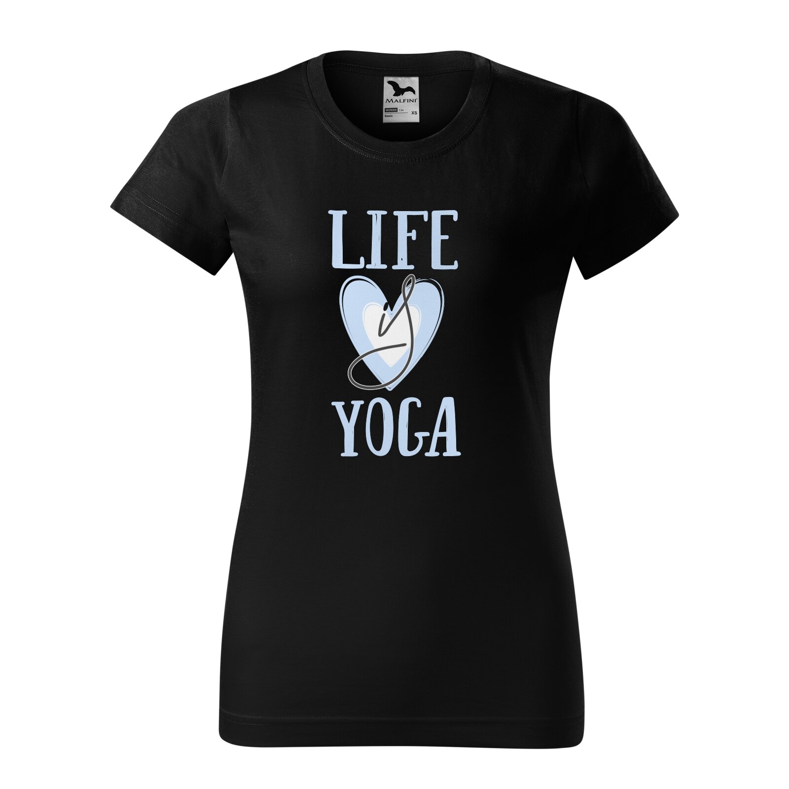 Tricou clasic, la baza gatului, negru, pentru dama, idee de cadou pentru practicantii de yoga, Life is Yoga, marime XS