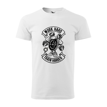 Tricou alb barbati, idee de cadou, pentru pasionatii de fitness/sala, Work Hard Train Harder, marime 2XL Tricou alb barbati, idee de cadou, pentru pasionatii de fitness/sala, Work Hard Train Harder, marime 2XL