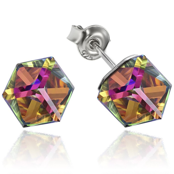 Cercei Argint 925 placat cu rodiu cu cristale Swarovski® Cubic 6mm, Vitrail Medium, Surub