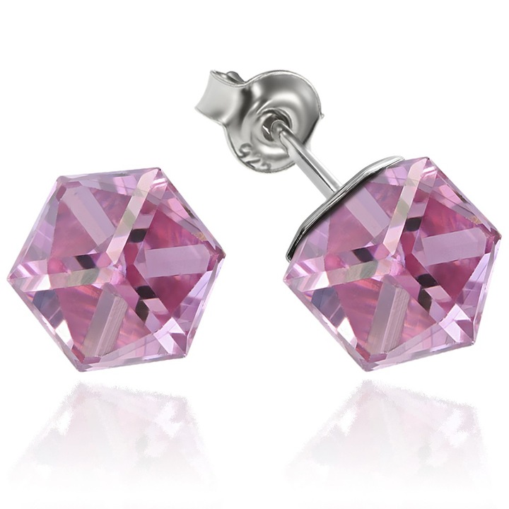 Cercei Argint 925 placat cu rodiu cu cristale Swarovski® Cubic 6mm, Light Rose, Surub