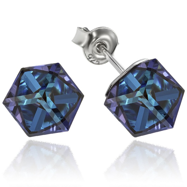 Fülbevaló ezüst 925 ródium bevonattal, Swarovski ® kocka kristályokkal 6 mm, Bermuda kék, csavar