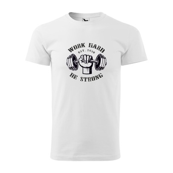 Tricou alb barbati, idee de cadou, pentru pasionatii de fitness/sala, Work Hard Be Strong Weights, marime XS