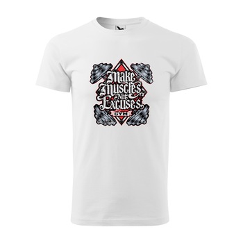 Tricou alb barbati, idee de cadou, pentru pasionatii de fitness/sala, Make Muscles Not Excuses, marime 2XL Tricou alb barbati, idee de cadou, pentru pasionatii de fitness/sala, Make Muscles Not Excuses, marime 2XL