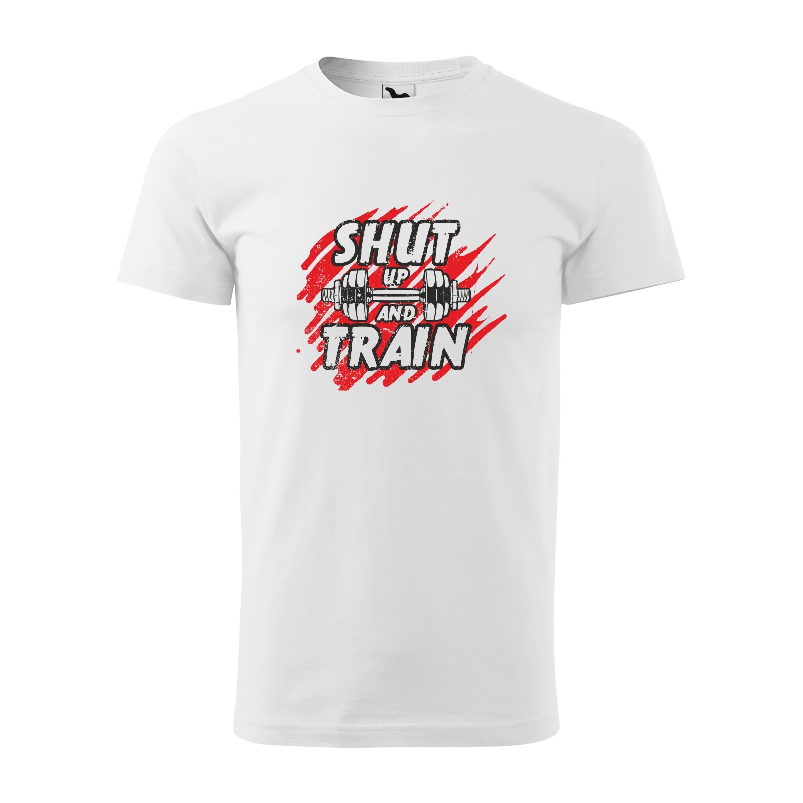 Tricou alb barbati, idee de cadou, pentru pasionatii de fitness/sala, Shut Up and Train, marime M