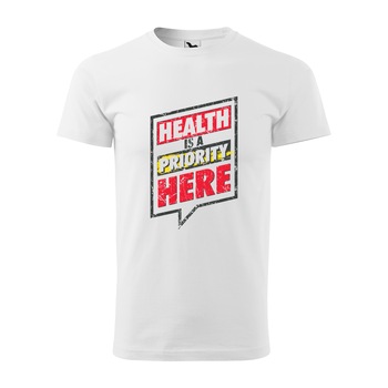 Tricou alb barbati, idee de cadou, pentru pasionatii de fitness/sala, Health is a Priority Here, marime XS Tricou alb barbati, idee de cadou, pentru pasionatii de fitness/sala, Health is a Priority Here, marime XS