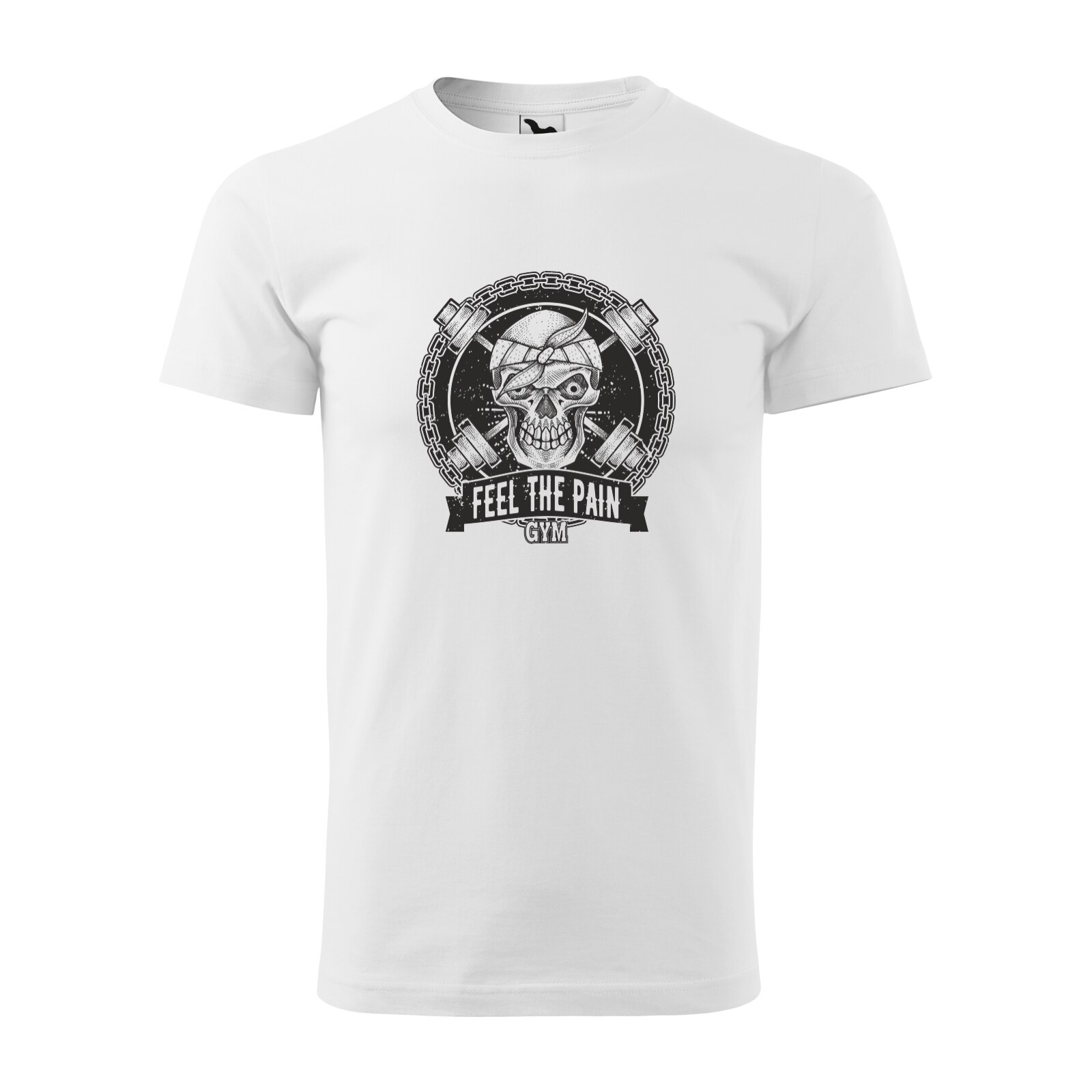 Tricou alb barbati, idee de cadou, pentru pasionatii de fitness/sala, Feel The Pain Gym Skull, marime M