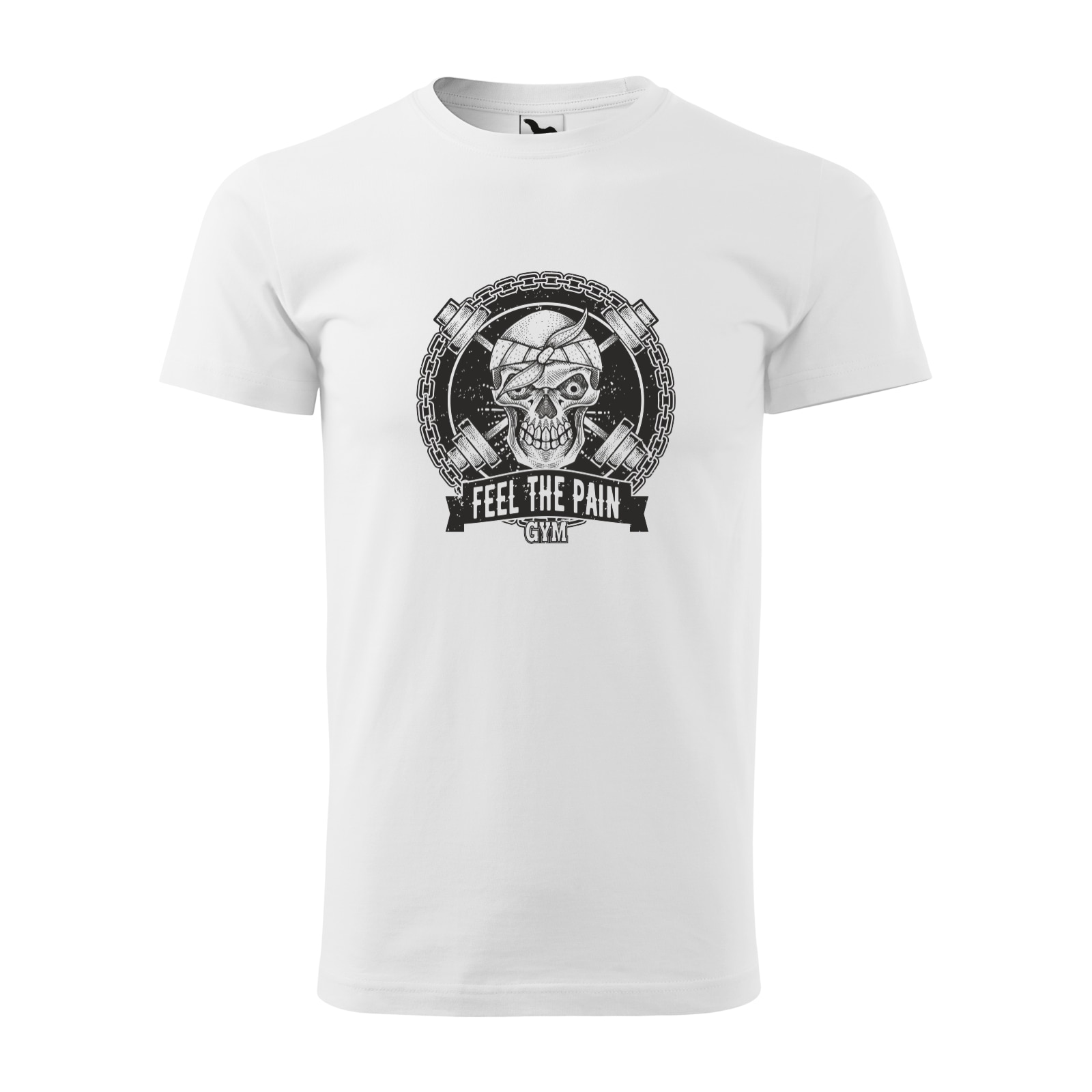 Tricou alb barbati, idee de cadou, pentru pasionatii de fitness/sala, Feel The Pain Gym Skull, marime XS