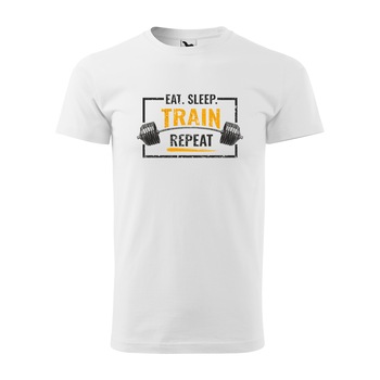 Tricou alb barbati, idee de cadou, pentru pasionatii de fitness/sala, Eat Sleep Train Repeat, marime 2XL Tricou alb barbati, idee de cadou, pentru pasionatii de fitness/sala, Eat Sleep Train Repeat, marime 2XL