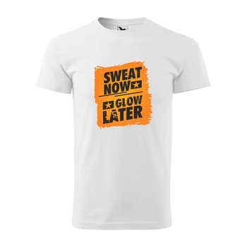 Tricou alb barbati, idee de cadou, pentru pasionatii de fitness/sala, Sweat Now Glow Later, marime 2XL Tricou alb barbati, idee de cadou, pentru pasionatii de fitness/sala, Sweat Now Glow Later, marime 2XL