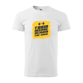 Tricou alb barbati, idee de cadou, pentru pasionatii de fitness/sala, Train Insane or Remain the Same, marime XL Tricou alb barbati, idee de cadou, pentru pasionatii de fitness/sala, Train Insane or Remain the Same, marime XL
