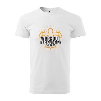 Tricou alb barbati, idee de cadou, pentru pasionatii de fitness/sala, Workout is Cheaper than Therapy, marime XL