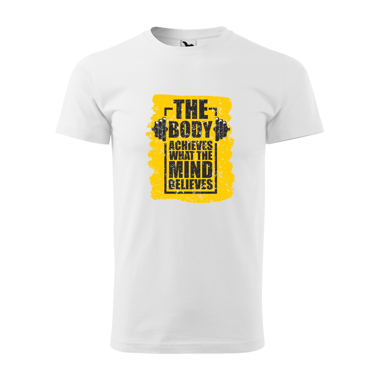 Tricou alb barbati, idee de cadou, pentru pasionatii de fitness/sala, The Body Achieves What The Mind Believes, marime XL