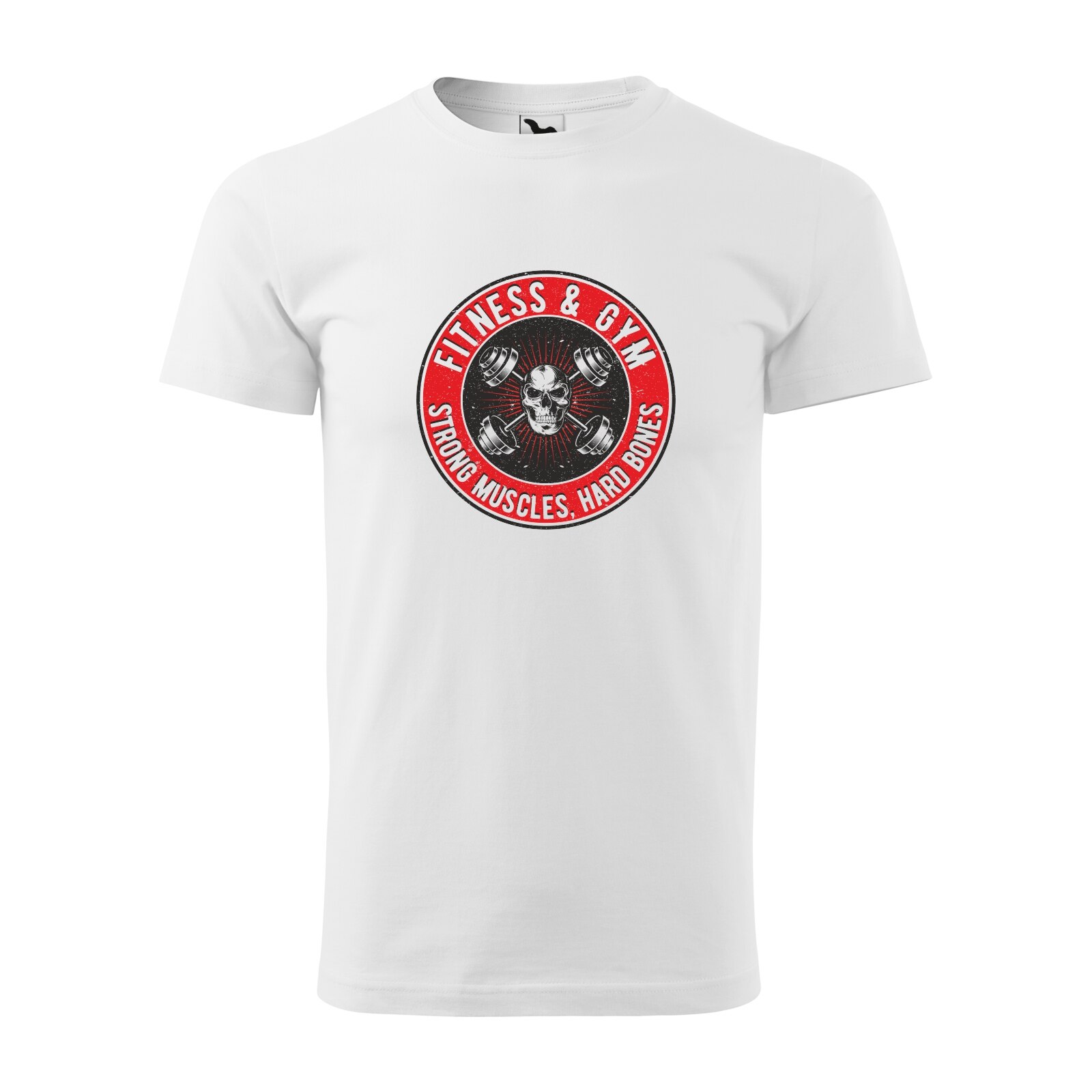 Tricou alb barbati, idee de cadou, pentru pasionatii de fitness/sala, Fitness and Gym Strong Muscles Hard Bones, marime L