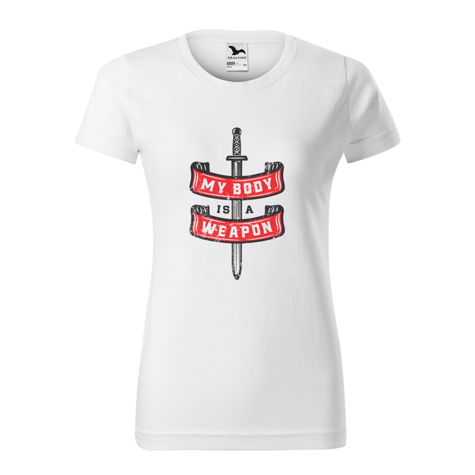 Tricou clasic, la baza gatului, alb, pentru dama, idee de cadou pentru pasionatii de fitness/sala de forta, My Body is a Weapon, marime L