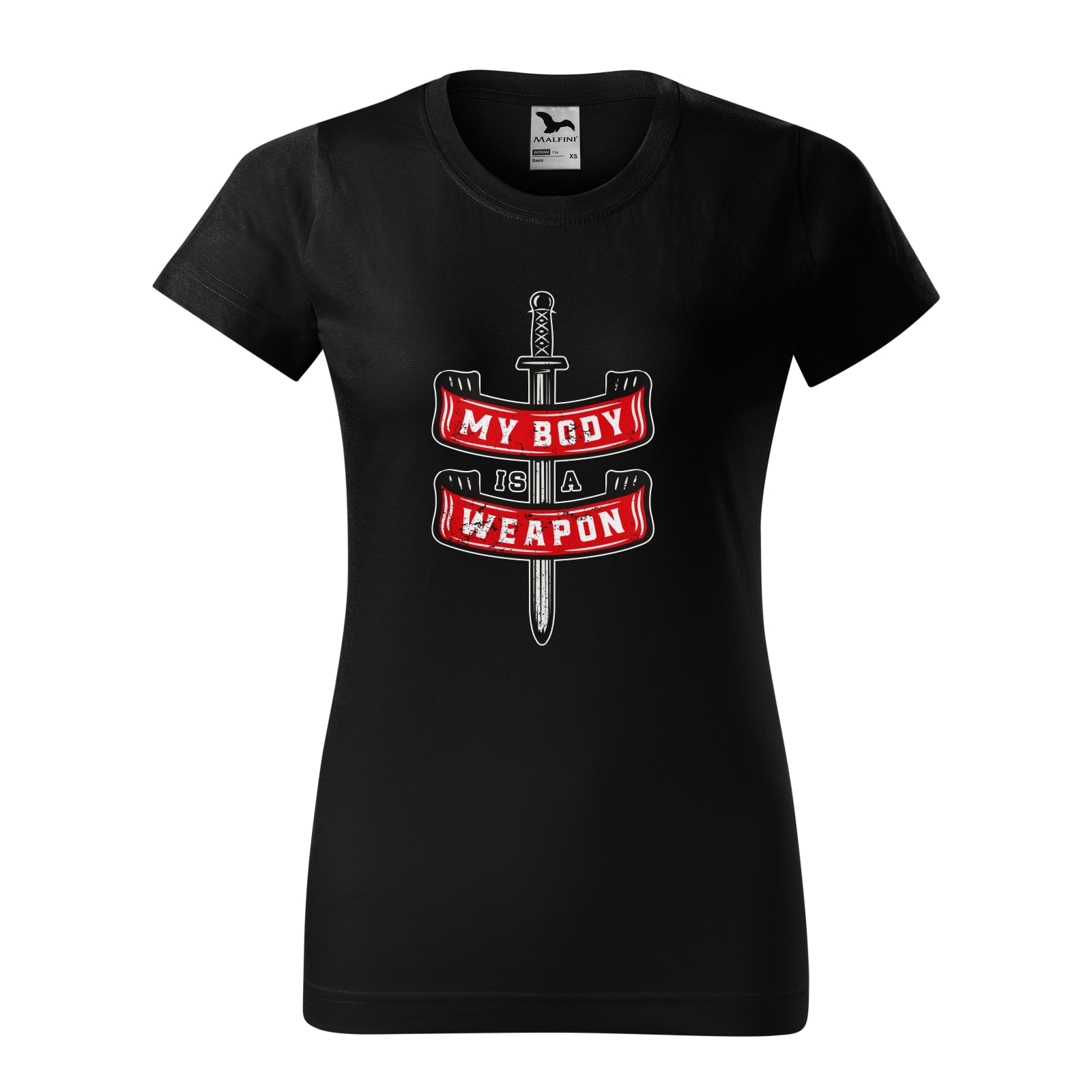 Tricou clasic, la baza gatului, negru, pentru dama, idee de cadou pentru pasionatii de fitness/sala de forta, My Body is a Weapon, marime XL