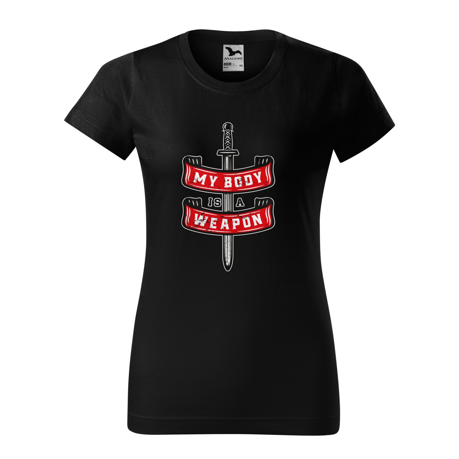 Tricou clasic, la baza gatului, negru, pentru dama, idee de cadou pentru pasionatii de fitness/sala de forta, My Body is a Weapon, marime L