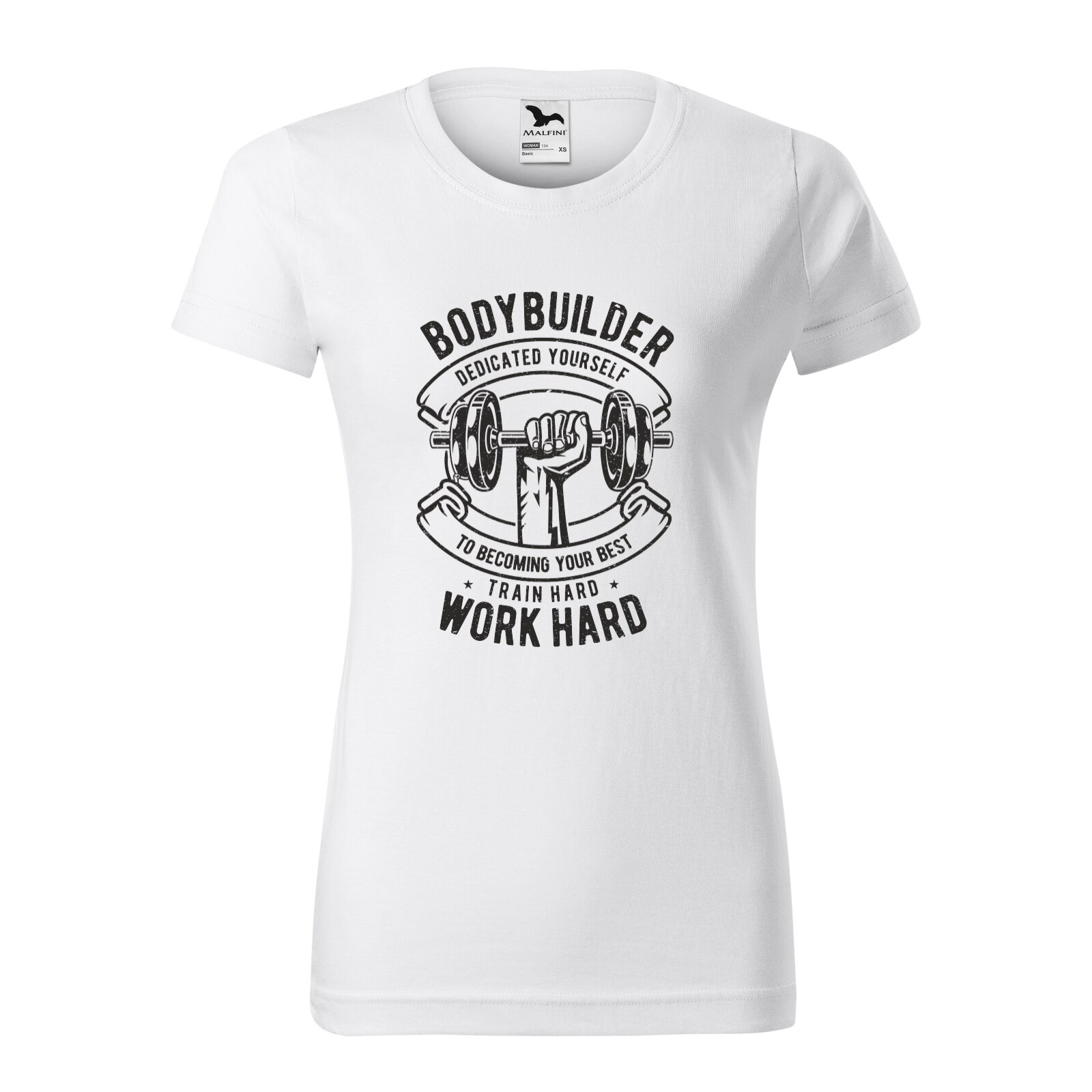Tricou clasic, la baza gatului, alb, pentru dama, idee de cadou pentru pasionatii de fitness/sala de forta, Body Builer Dedicated Yourself, marime M