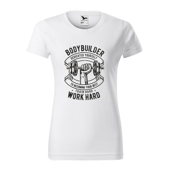 Tricou clasic, la baza gatului, alb, pentru dama, idee de cadou pentru pasionatii de fitness/sala de forta, Body Builer Dedicated Yourself, marime S Tricou clasic, la baza gatului, alb, pentru dama, idee de cadou pentru pasionatii de fitness/sala de forta, Body Builer Dedicated Yourself, marime S