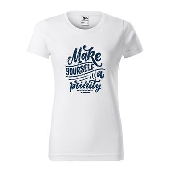 Tricou clasic, la baza gatului, alb, pentru dama, idee de cadou pentru pasionatii de fitness/sala de forta, Make Yourself a Priority, marime XL Tricou clasic, la baza gatului, alb, pentru dama, idee de cadou pentru pasionatii de fitness/sala de forta, Make Yourself a Priority, marime XL