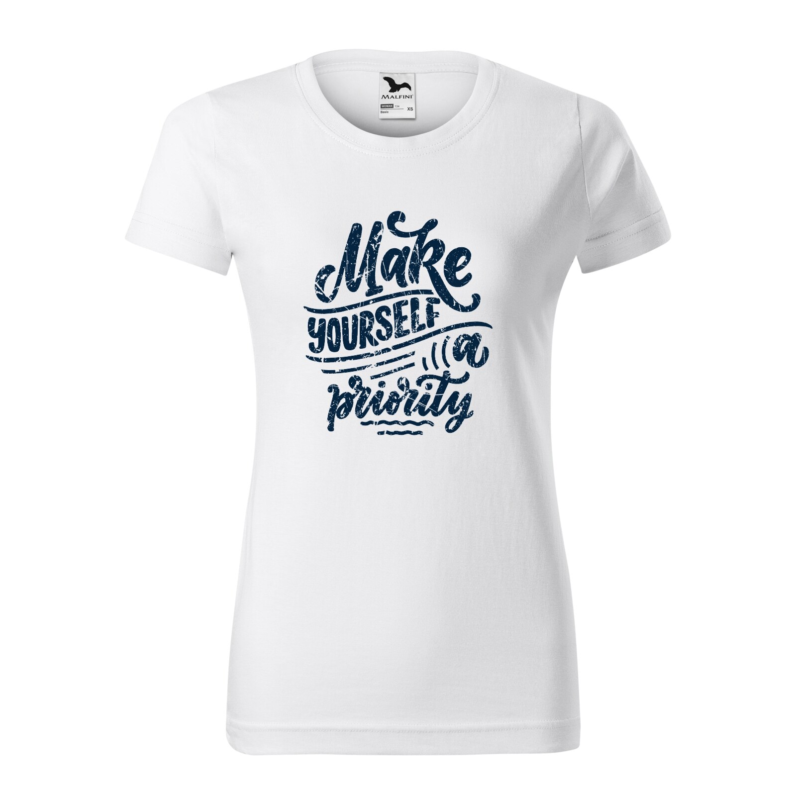 Tricou clasic, la baza gatului, alb, pentru dama, idee de cadou pentru pasionatii de fitness/sala de forta, Make Yourself a Priority, marime 2XL