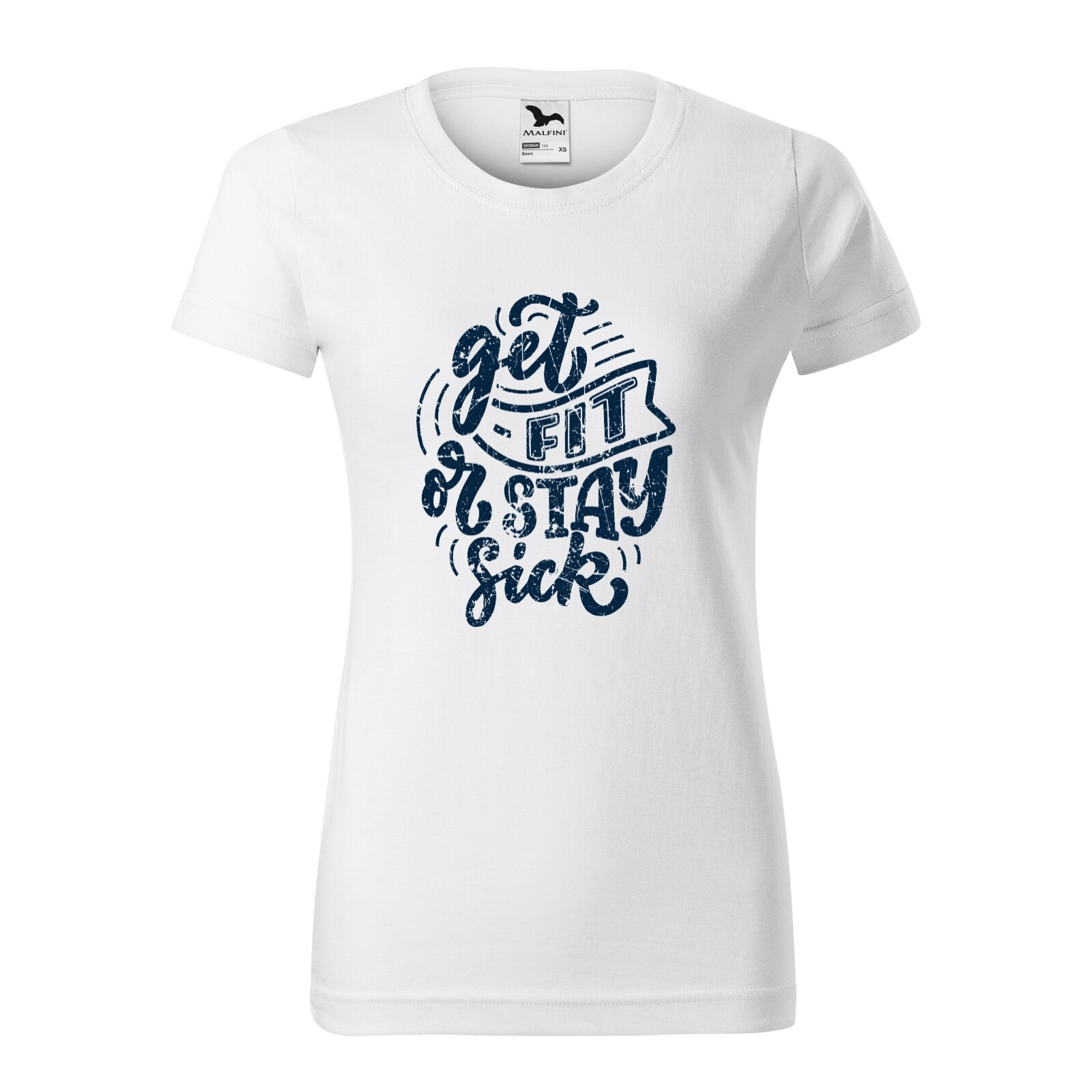 Tricou clasic, la baza gatului, alb, pentru dama, idee de cadou pentru pasionatii de fitness/sala de forta, Get Fit or Stay Sick, marime M