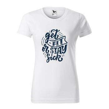 Tricou clasic, la baza gatului, alb, pentru dama, idee de cadou pentru pasionatii de fitness/sala de forta, Get Fit or Stay Sick, marime XL Tricou clasic, la baza gatului, alb, pentru dama, idee de cadou pentru pasionatii de fitness/sala de forta, Get Fit or Stay Sick, marime XL
