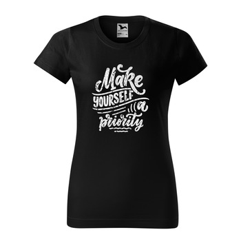 Tricou clasic, la baza gatului, negru, pentru dama, idee de cadou pentru pasionatii de fitness/sala de forta, Make Yourself a Priority, marime XL Tricou clasic, la baza gatului, negru, pentru dama, idee de cadou pentru pasionatii de fitness/sala de forta, Make Yourself a Priority, marime XL