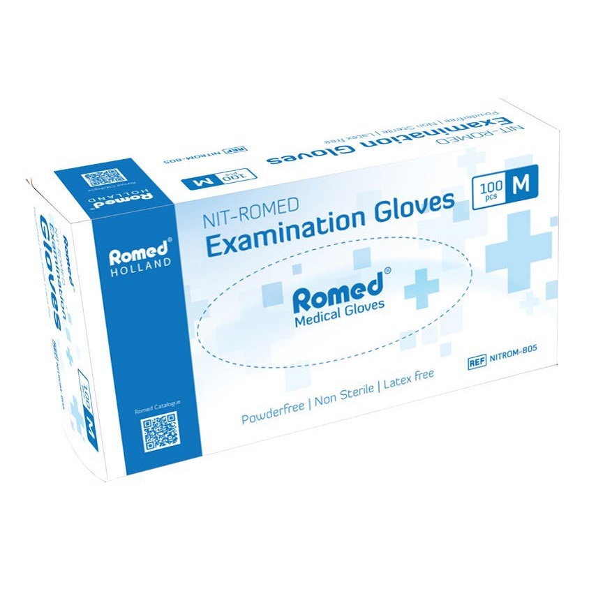 Set 100 bucati manusi de protectie, Romed Olanda, unica folosinta, nitril, nepudrate, albastru, M