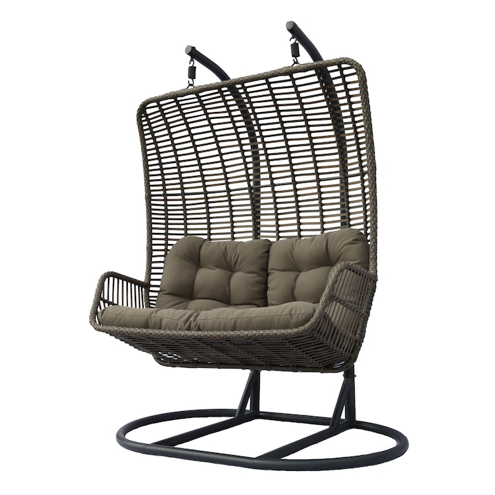 Двоен висящ стол за градина DacEnergy, С включени възглавници и опора от стомана, 148 x 94 x 198 см, Сив